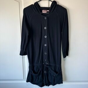 Juicy Couture Womens Button Front 3/4 Sleeve Drawstring Romper Black Small Y2K‎